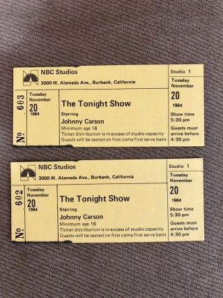 The Tonight Show Johnny Carson - 2 Studio Audience Tickets - Nov 20 1984 Tv Show