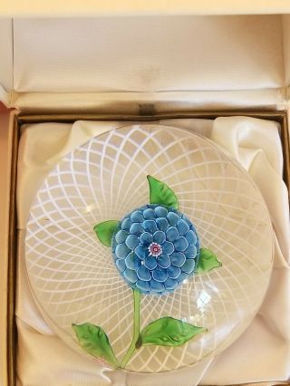 Gorgeous Saint Louis Art Glass Blue Flower Over Latticino Ground Paperweight