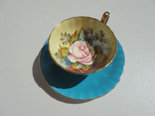 Vintage Aynsley Bone China Bailey Cabbage Rose Cup & Saucer Set W Turquoise Gold