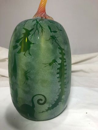 Blenko Glass PUMPKIN 9355T BEWITCHED pawpaw cased w/ turquoise pawpaw stem 6