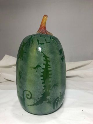 Blenko Glass PUMPKIN 9355T BEWITCHED pawpaw cased w/ turquoise pawpaw stem 7