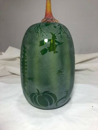 Blenko Glass PUMPKIN 9355T BEWITCHED pawpaw cased w/ turquoise pawpaw stem 9