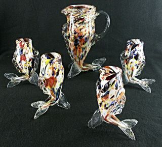 Rare Vintage Murano Glass End Of Day Fish Shaped Wine Pitcher & 4 Goblets