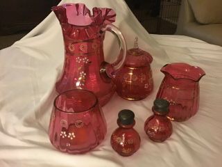 Northwood / Dugan Ruby Victorian Pitcher And Tableware