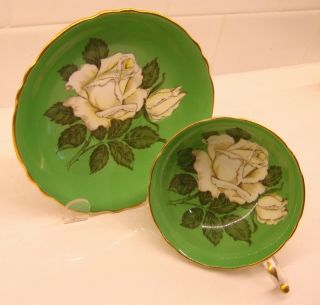 Paragon White Floating Cabbage Rose On Green Wide Mouth Tea Cup And Saucer A277