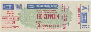 Rare Led Zeppelin Full Concert Ticket From Msg Nyc Us Tour June 10 1977