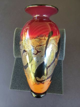 Nourot Art Glass Vase Handcrafted Red With Black Gold Accents 9  H