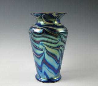 Steven Lundberg King Tut Pattern Blue & Gold Iridescent Art Glass Vase