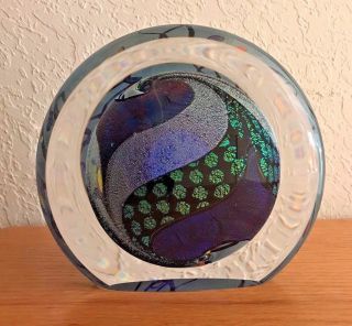 Rollin Karg Hand Blown Glass Signed Reactive Blue Medium Disk 7.  25 In T X 8 In W