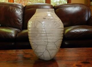 Vintage Large 12 " Raku Horse Hair Crackle Glaze Studio Pottery Vase Signed