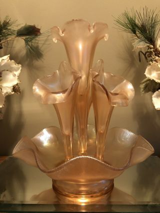 Fenton Stretch Glass Epergne Vase Iridescent 75th Anniversary Pink Velva Rose