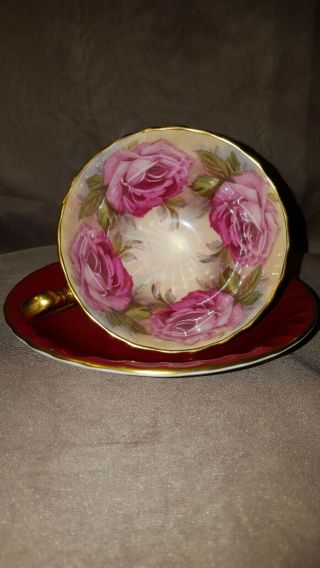 Aynsley Teacup & Saucer Cabbage Pink Roses Footed Gold Trim - Pink On Pink England
