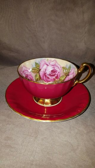Aynsley Teacup & Saucer Cabbage Pink Roses Footed Gold Trim - Pink on Pink England 2