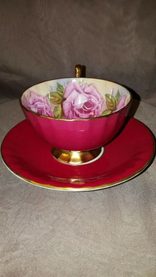 Aynsley Teacup & Saucer Cabbage Pink Roses Footed Gold Trim - Pink on Pink England 3