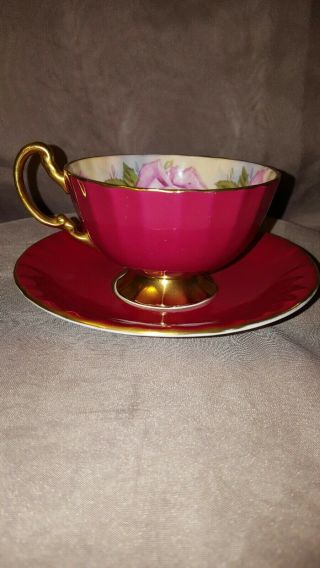 Aynsley Teacup & Saucer Cabbage Pink Roses Footed Gold Trim - Pink on Pink England 4