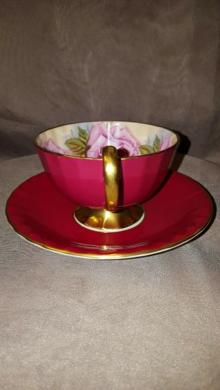 Aynsley Teacup & Saucer Cabbage Pink Roses Footed Gold Trim - Pink on Pink England 5