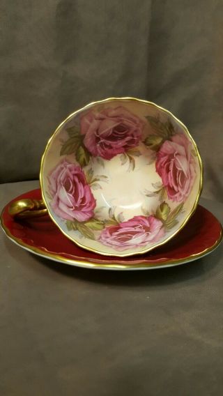Aynsley Teacup & Saucer Cabbage Pink Roses Footed Gold Trim - Pink on Pink England 6