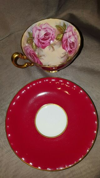 Aynsley Teacup & Saucer Cabbage Pink Roses Footed Gold Trim - Pink on Pink England 7