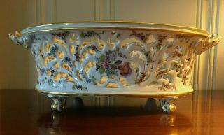Antique Meissen Decorative Porc Reticulated Footed Bowl Handles Gold Flowers