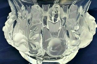 Lalique Crystal France " Dampierre " Vase W/ Sparrows & Vines - Xlnt -