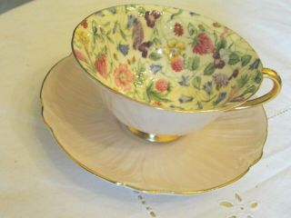 Vintage Shelley Pink Countryside Chintz Floral Oleander Teacup Saucer Cup Gold