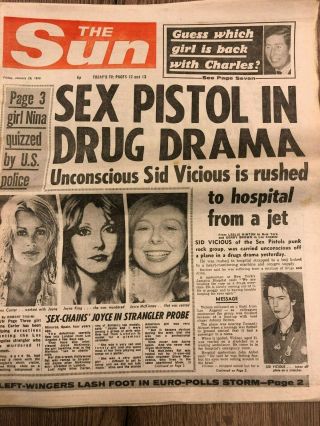 Sid Vicious 1978 The Sun Newspaper Headline Sex Pistols Complete Paper
