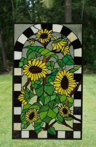 Large Handcrafted Stained Glass Window Panel Sunflower Garden 20.  75 " X 35 "