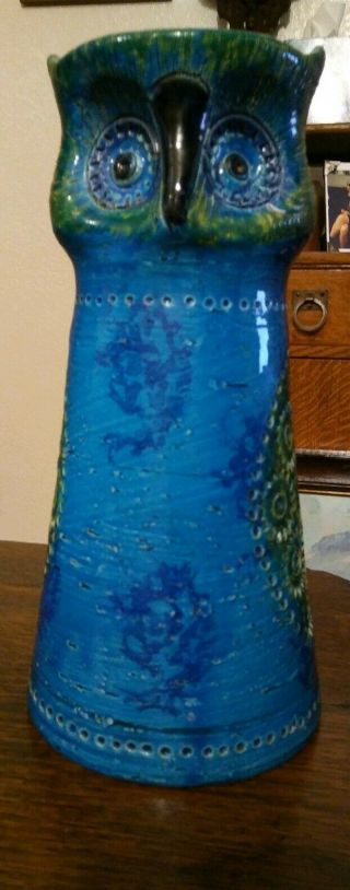 Vtg Mid Century Modern Bitossi Rosenthal Netter Art Pottery Owl Blue Green 10 "