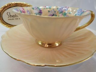 Shelley Ivory Summer Glory Chintz Oleander Footed Cup And Saucer Gold Trim
