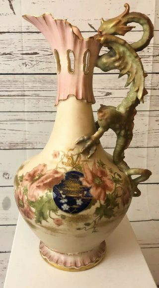 1870’s Alfred Stellmacher Turn Teplitz Bohemian Dragon Pitcher Vase