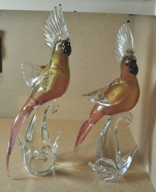 2 Vintage Murano Cockatoos Pink & Gold 15 " And 16 "