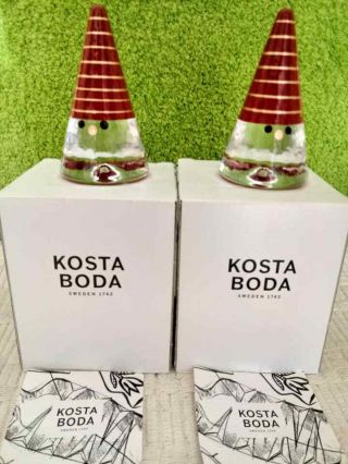 2 Kosta Boda Sweden 4 - 1/2 " Noel Red & Gold Striped Santa Paperweight Figurine