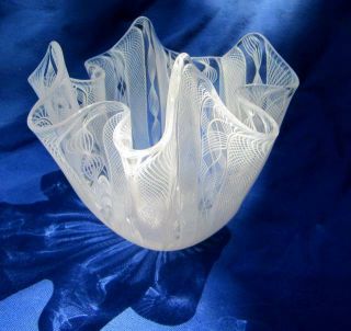 Signed Venini Murano white Latticino Art Glass handkerchief Vase Mid Century 3