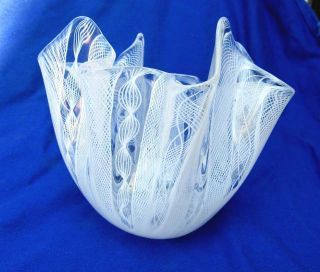 Signed Venini Murano white Latticino Art Glass handkerchief Vase Mid Century 4