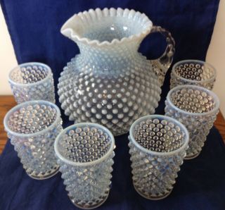 Fenton Art Glass French Opalescent Hobnail Pitcher & 6 Tumblers Z1