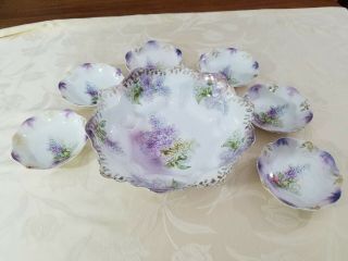 Vintage Rs Prussia Large Bowl Hydrangea Pattern / 6 Berry Bowls