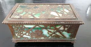 Tiffany Studios Green Slag Glass And Bronze Desk Box Grapevine Pattern