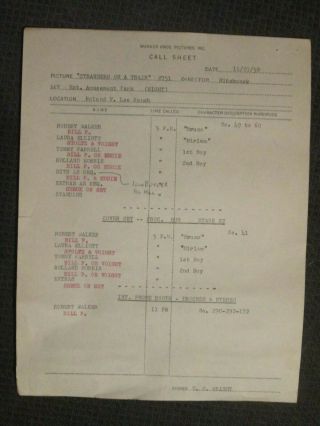 Alfred Hitchcock - Call Sheet 1950 - Strangers On A Train