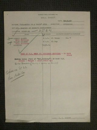 Strangers On A Train - Call Sheet 1950 - Granger - Alfred Hitchcock