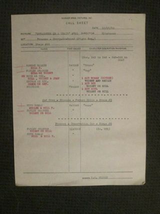 Strangers On A Train - Call Sheet 1950 - Walker - Alfred Hitchcock