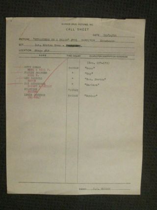 Strangers On A Train - Call Sheet 1950 - Alfred Hitchcock