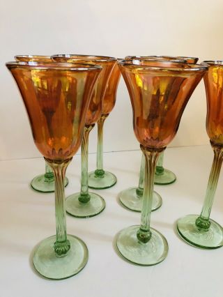 Rick Strini Designed & Signed Luster Art Glass Wine Amber Green - Set 8