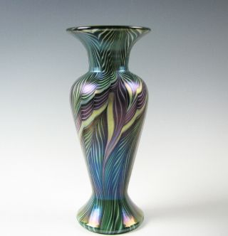 Lundberg Studios Art Glass Vase Green And Amethyst W/gold Iridescent 2006