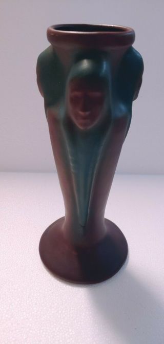 VERY RARE,  ANTIQUE 1920 ' S VAN BRIGGLE POTTERY VASE WITH THREE INDIAN HEADS 8