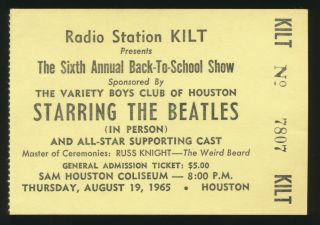 Beatles Rare Vintage 1965 Sam Houston Coliseum Ticket Stub Near