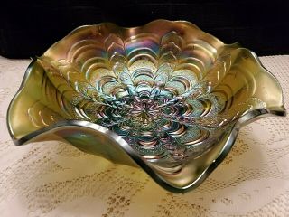 Millersburg Rosalind Carnival Glass 10 1/4 " Wide Ruffled Bowl