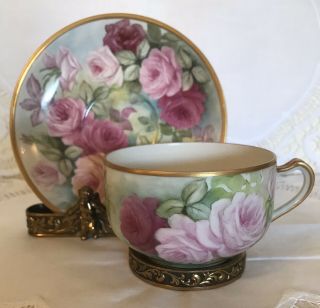 Limoges France Haviland Hand - Painted Roses Cup And Saucer Set