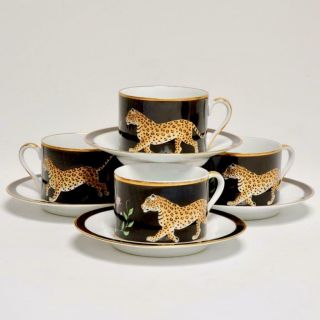 Set Of (4) Vintage Lynn Chase Porcelain Jaguar Jungle Cups & Saucers