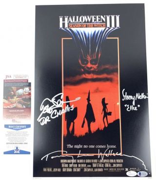 Stacey Nelkin Tom Atkins & Tommy Lee Wallace Signed 12x18 Poster Halloween 3 Jsa