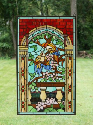 Large Handcrafted Stained Glass Window Panel Love Bird Two Parrot 20.  75 " X 35 "